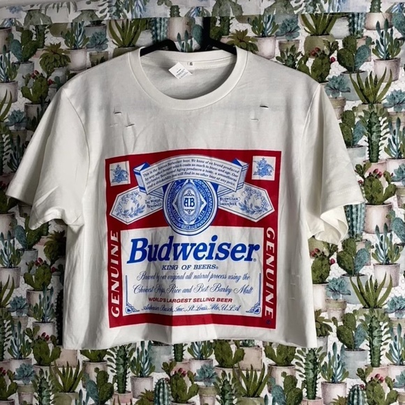 Brand New Distressed Budweiser King of Beers Graphic Ladies White Crop Top SM-XL - Picture 1 of 2